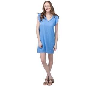 Lilla P Organic Cotton Gauze Shift Dress Flutter Sleeve V-Neck Blue Pink Medium